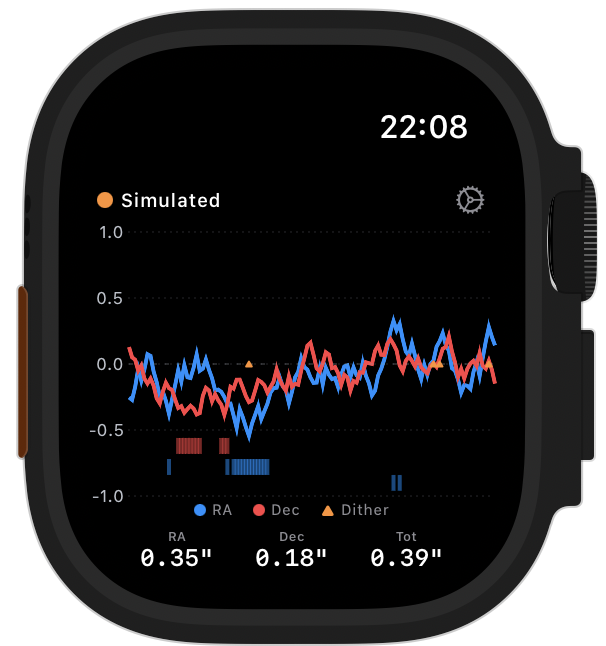 GuideWatch running on an Apple Watch Ultra, showing a live RA/Dec guiding graph with RMS error stats for RA, Dec and Total.