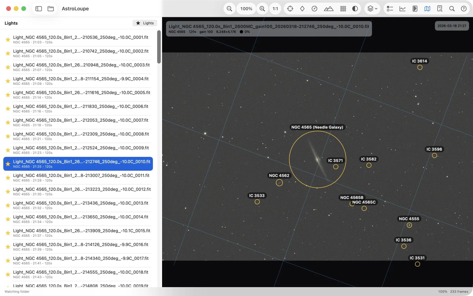 Plate solving and annotation: NGC 4565, the Needle Galaxy, overlaid with a right-ascension and declination grid and labelled NGC/IC galaxies after solving against the bundled Gaia DR3 all-sky star catalogue.