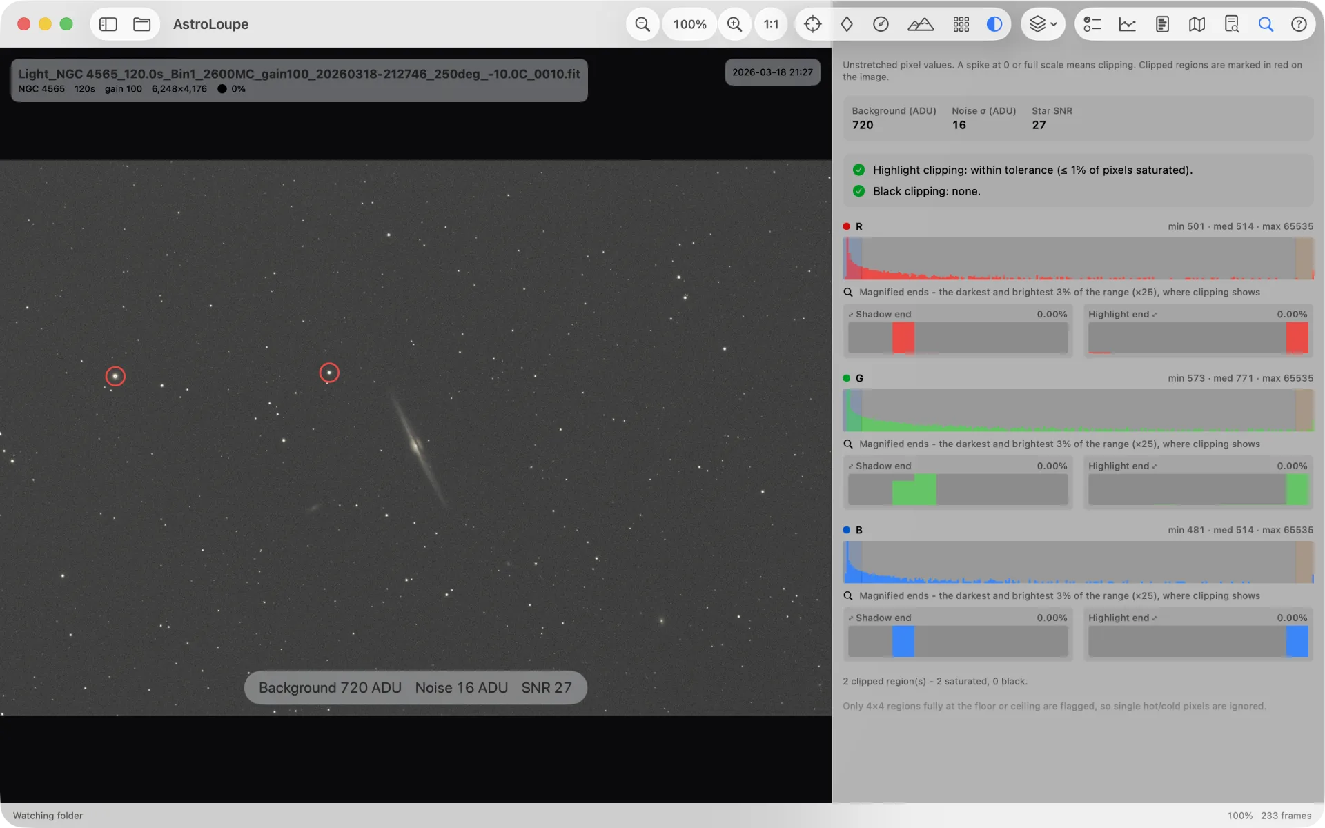 Clipping diagnostics: saturated stars circled in red directly on the frame, per-channel histograms focused on the shadow and highlight tails beside it, and the sub's sky background, noise and star SNR measured underneath.