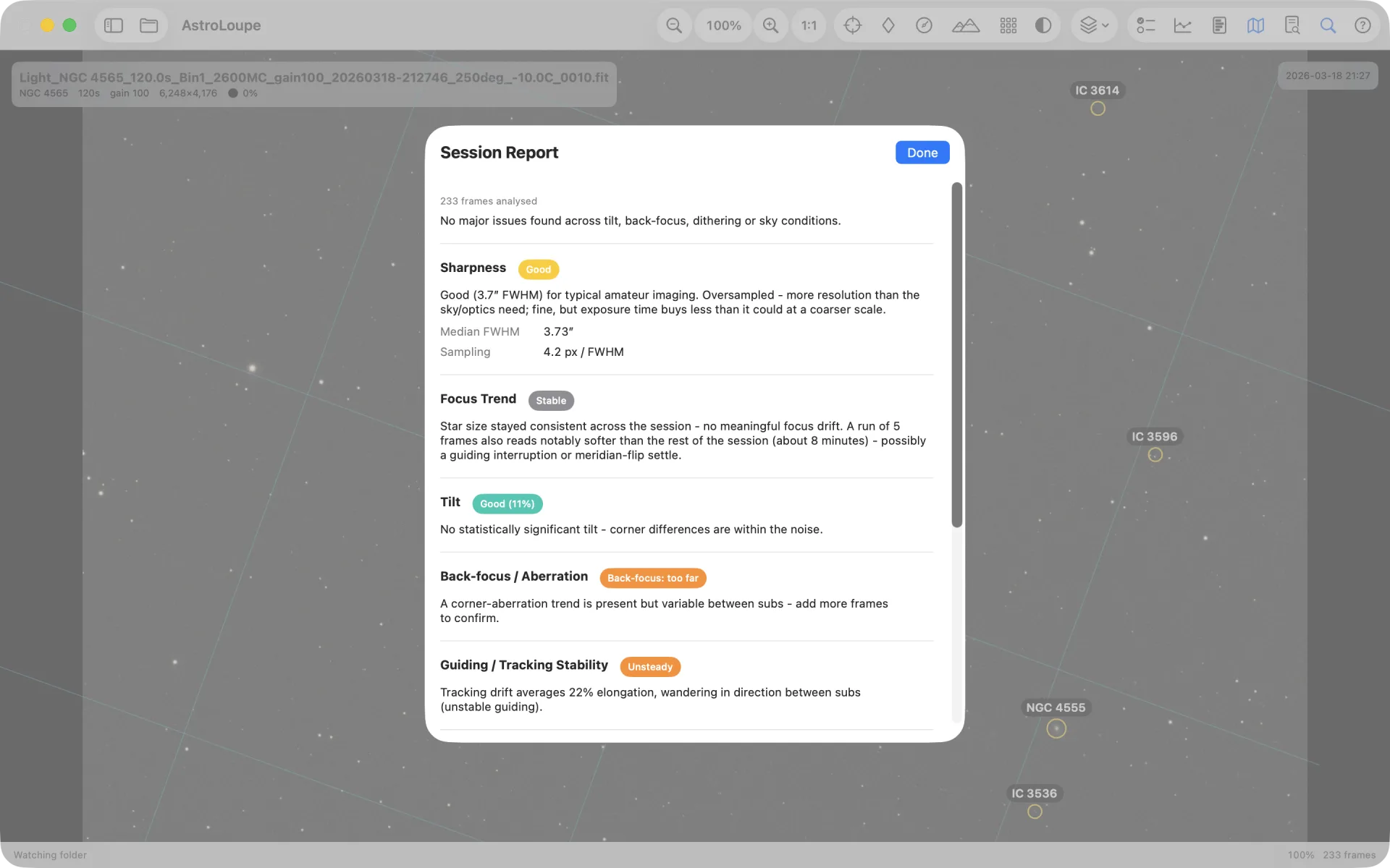 Session Report Card: tilt, back-focus, focus trend, guiding stability and sharpness rolled up into one graded report with a plain-language verdict for each - the whole night's verdict before opening a single other tool.
