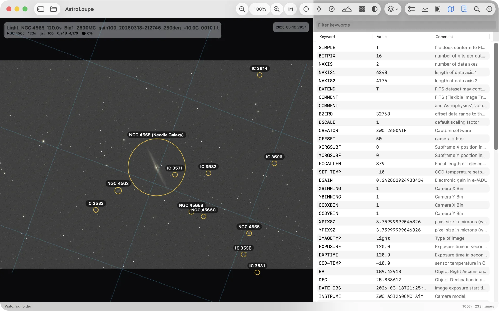FITS header inspector: the full, ordered header - keyword, value and comment - with a live filter, open alongside the plate-solved, annotated frame.