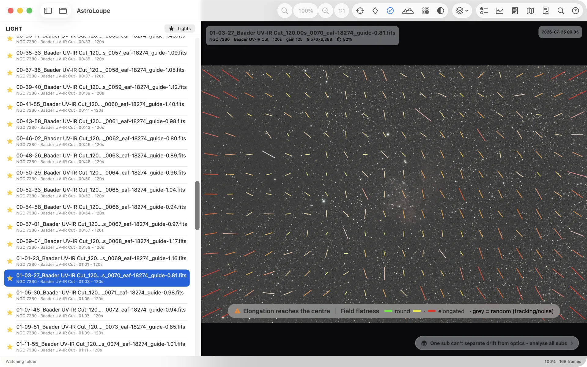 Field-flatness map on a wide-field frame: hundreds of local star-elongation vectors turning red and radial away from the frame centre - optical aberration growing toward the edges that would be invisible to the eye.